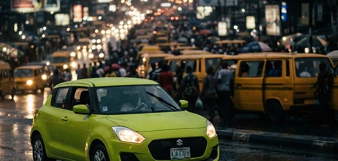 A lime-green WakaNaija cab on a Lagos street at dusk
