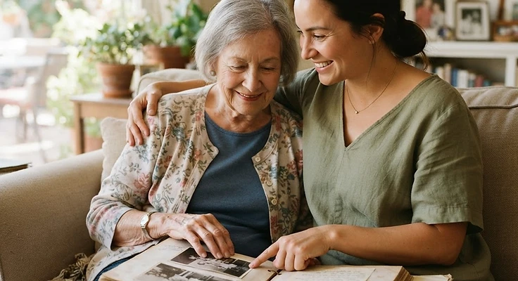 A caregiver sharing a peaceful moment looking at a photo album with an older adult living with dementia