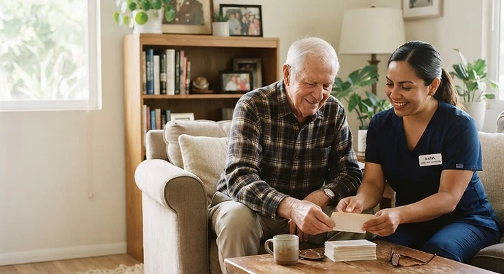 An older U.S. Veteran at home with a caregiver helping with a daily routine, a framed service photograph visible on a shelf
