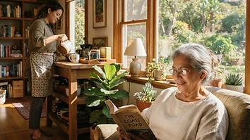 An older adult reading near a sunny living-room window while a family member prepares tea nearby
