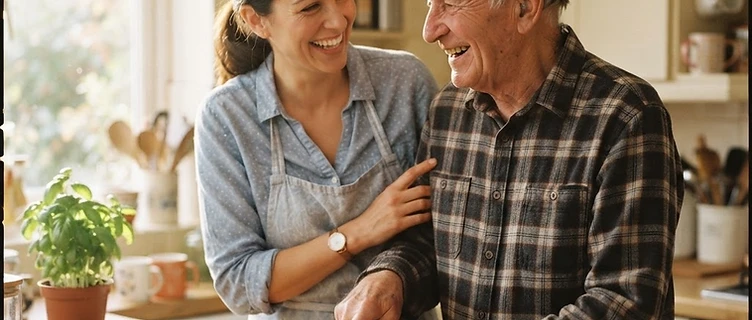 A warm, naturally-lit photo of a caregiver assisting an older adult in a Southern California home in Inland Empire