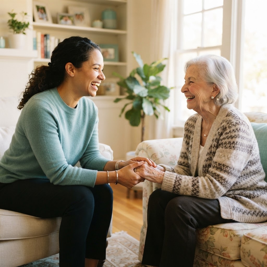 A caregiver sharing a warm moment with a senior