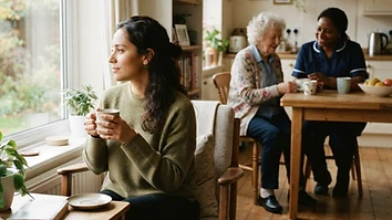 An adult child and aging parent having a calm conversation at a kitchen table