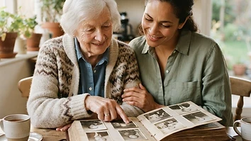 An older adult and caregiver calmly looking through a family photo album at a kitchen table