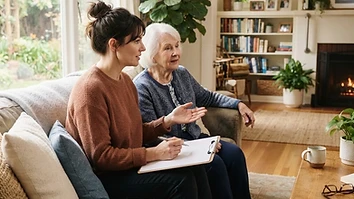 A caregiver and family member reviewing a home safety checklist together in a living room