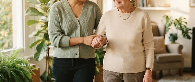 A warm, naturally-lit photo of a caregiver assisting an older adult in a Southern California home in San Diego County