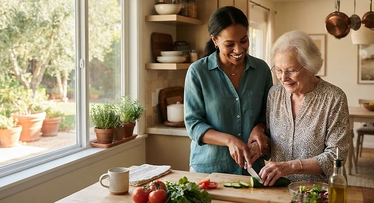 A caregiver helping an older adult prepare lunch in a comfortable Southern California home