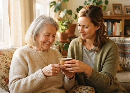 A warm, naturally-lit candid photo of a compassionate caregiver gently assisting an elderly grandmother