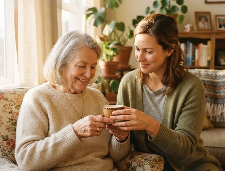 A caregiver sharing tea and a warm moment with an older adult at home