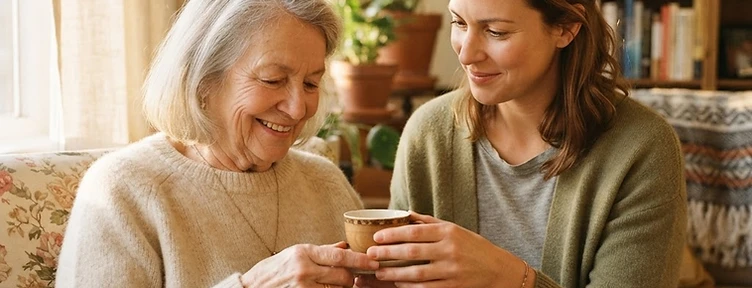 A caregiver preparing a meal together with an elderly gentleman