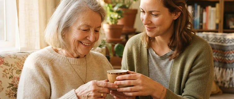A warm, naturally-lit photo of a caregiver assisting an older adult in a Southern California home in Orange County
