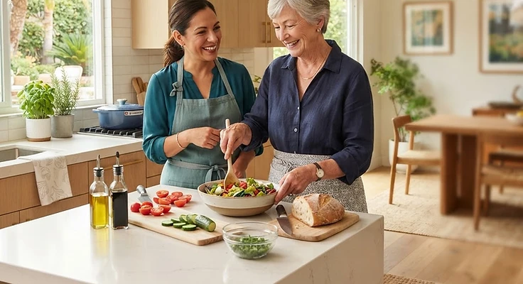 An older adult and caregiver preparing a light meal together at home in a bright Southern California kitchen