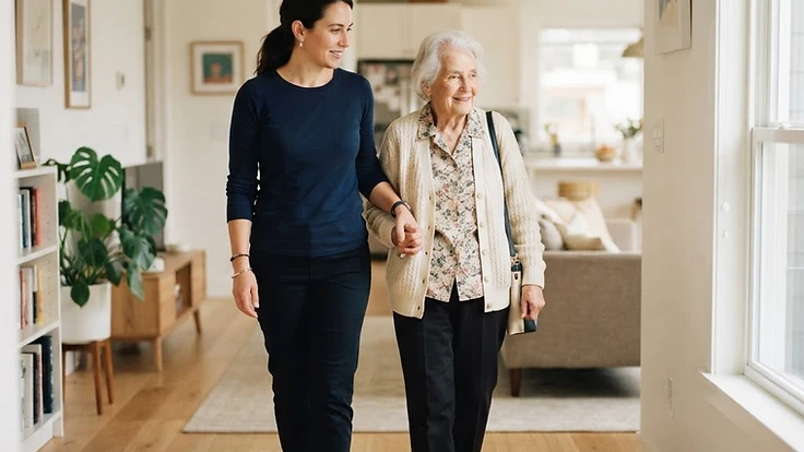 An older adult living independently at home with safety modifications in place