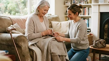 An older adult arriving home from the hospital with a family caregiver