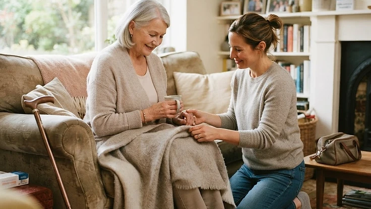 A caregiver helping an older adult recover at home after a hospital stay