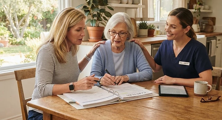 An older adult and adult daughter reviewing care information at a kitchen table with a caregiver nearby