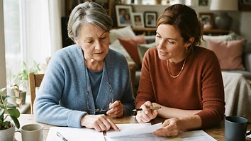 An older parent and adult child reviewing care costs and options together at a table