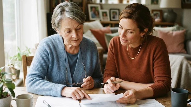 A family reviewing payment options for in-home care with documents and a calculator
