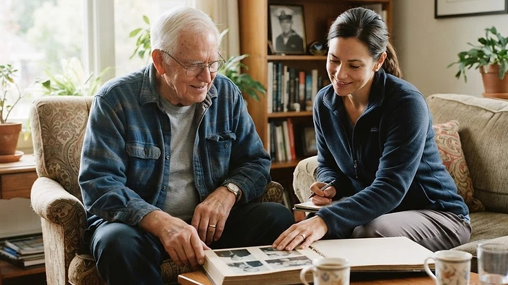 An older veteran in a home environment with a professional caregiver, a framed service photo visible nearby