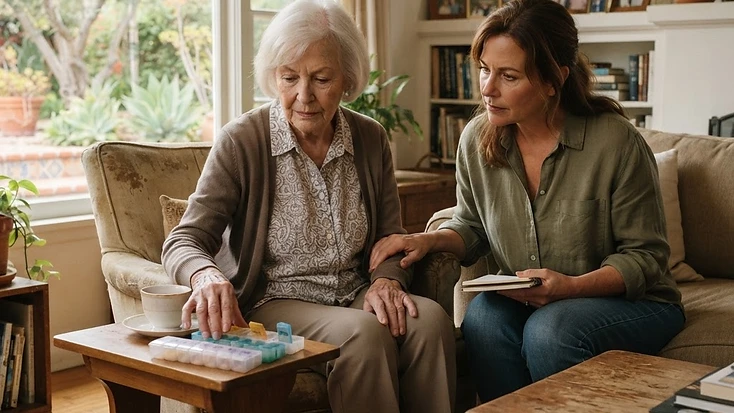 A family member sitting with an older parent, noticing changes in their daily routine