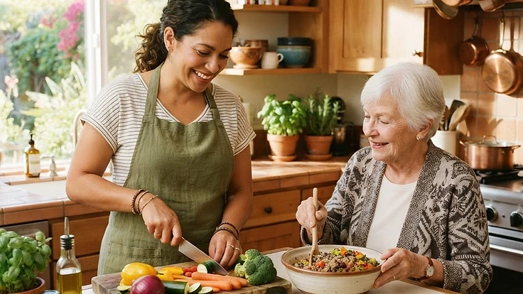 A caregiver helping an older adult with personal care in a dignified, respectful way