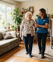 Caregiver helping with safe mobility at home