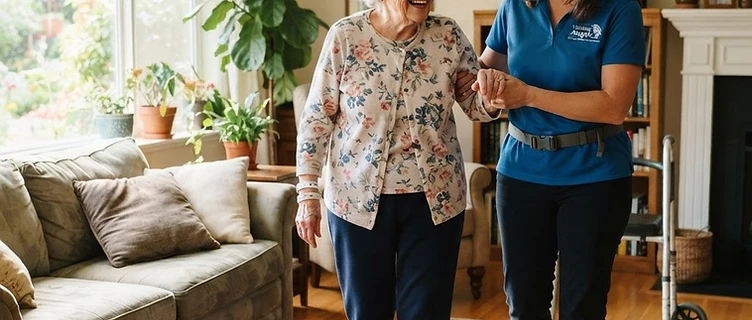A warm, naturally-lit photo of a caregiver assisting an older adult in a Southern California home in Los Angeles County