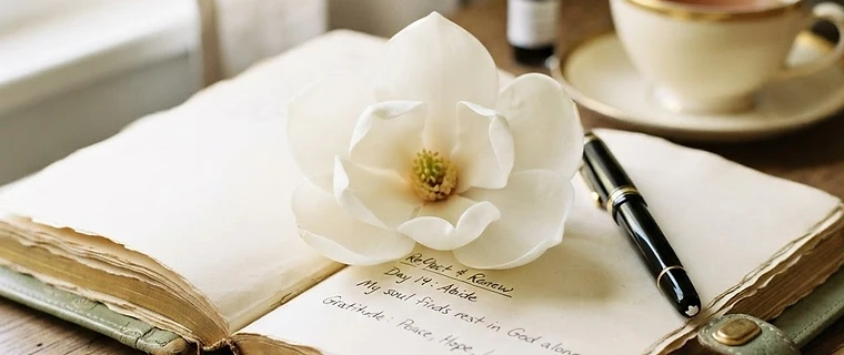 Magnolia blossom resting on a vintage journal