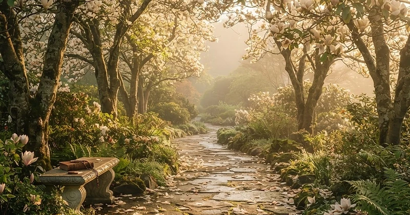 Garden pathway lined with magnolia trees at golden hour