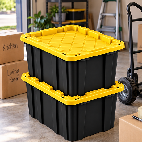 Stacked Bin Ninja reusable moving bins — yellow diamond-grid lids on black ribbed bases