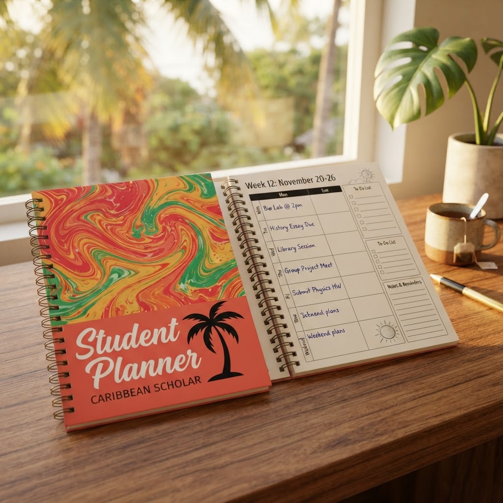 Caribbean Student Planner on a teak desk with golden hour lighting