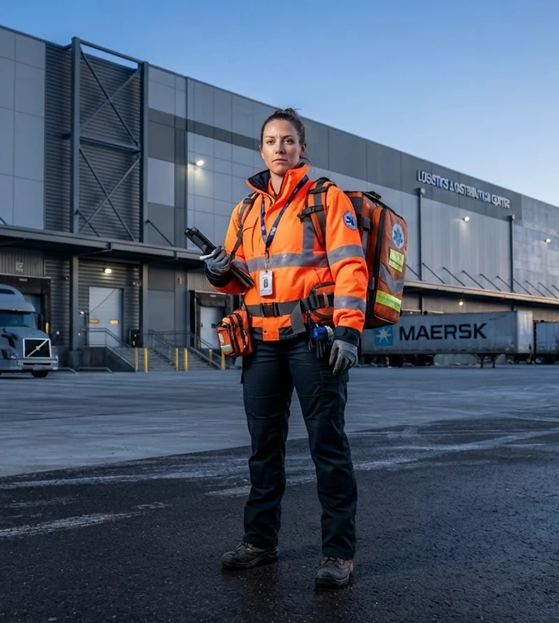 Mobile drug testing technician arriving at a logistics yard at dawn