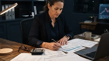 Business owner reviewing financial statements, invoices, and cash flow reports at a desk