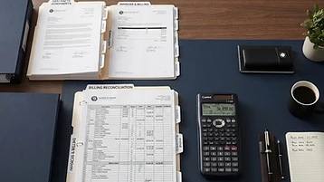 Contracts, invoices, and billing reconciliation documents organized on a desk
