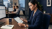 Service professional reviewing completed work orders and invoices on a tablet