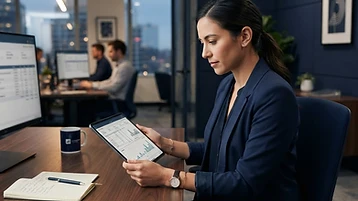 Service professional reviewing completed work orders and invoices on a tablet