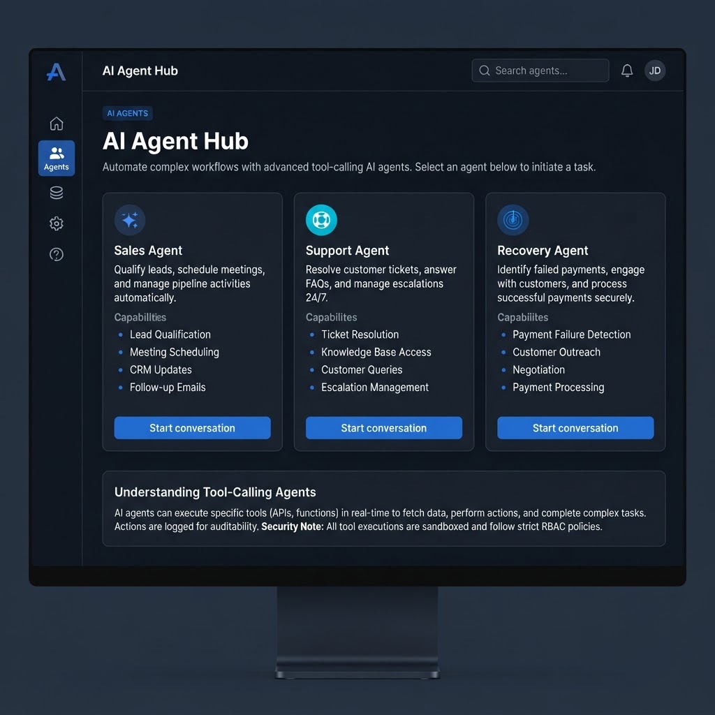 AI Agents page showing the three specialized agents and their capabilities