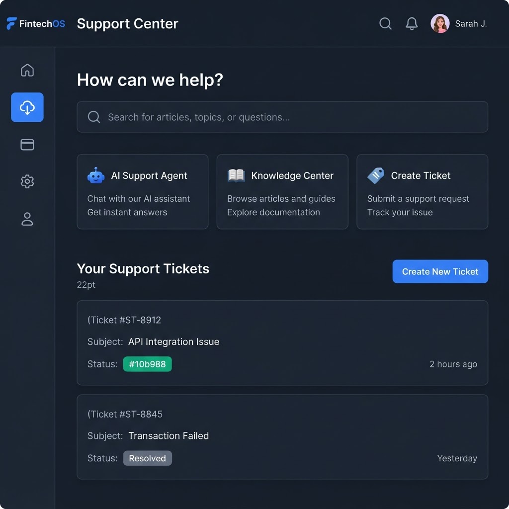 Support center page with support ticket creation and knowledge links