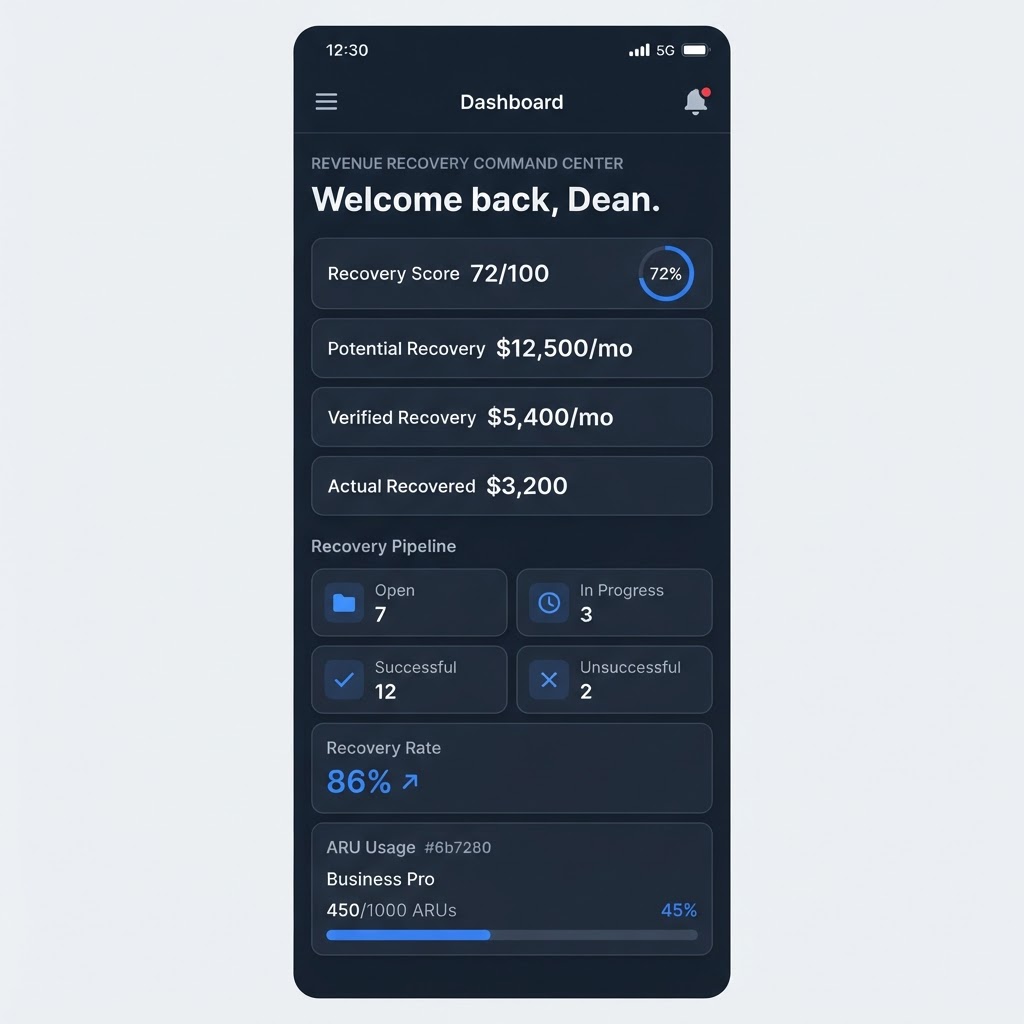 Recoupant customer dashboard on a mobile device showing responsive layout