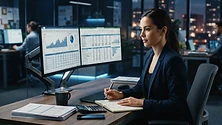 Financial analyst comparing sales records, invoices, and payment records on multiple screens