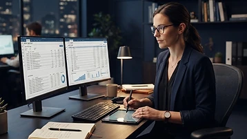 Accountant examining a general ledger and journal entries on a computer screen