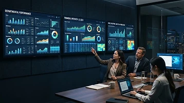 Business analytics dashboards showing cross-department financial reporting