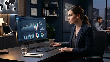 Franchise owner examining sales and royalty reports on a screen