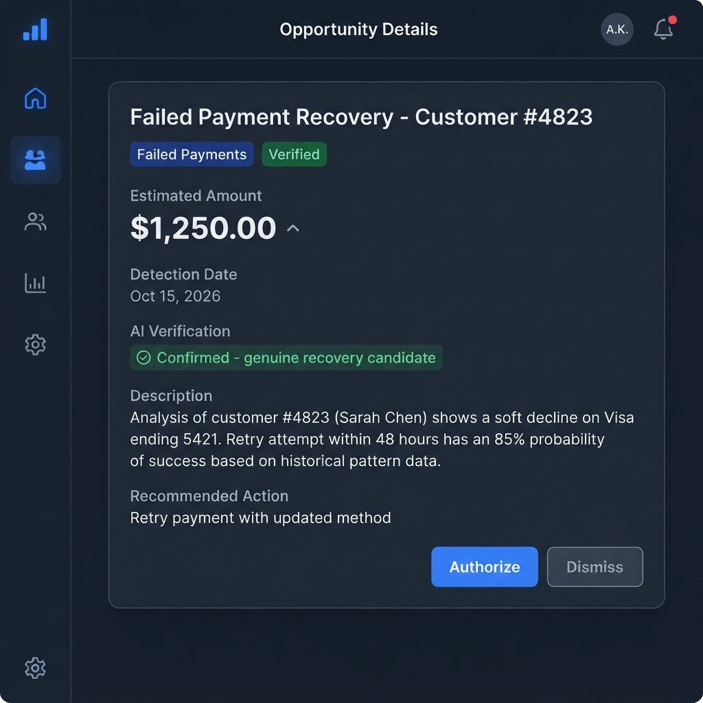Revenue opportunity detail page with description and authorize button