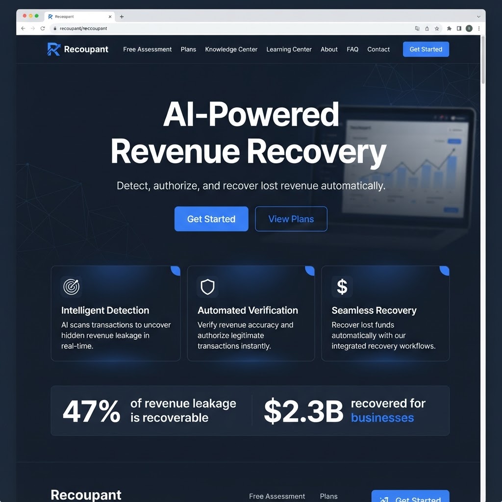 Recoupant homepage with hero section and call-to-action buttons