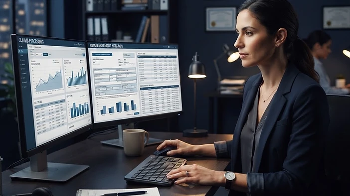 Medical billing professional reviewing claims and reimbursement records