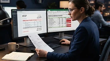 Accountant comparing invoices and billing software on dual monitors with financial discrepancies highlighted