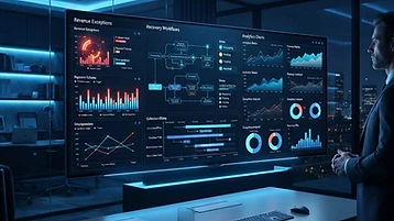 Executive financial dashboard showing revenue exceptions and recovery workflows