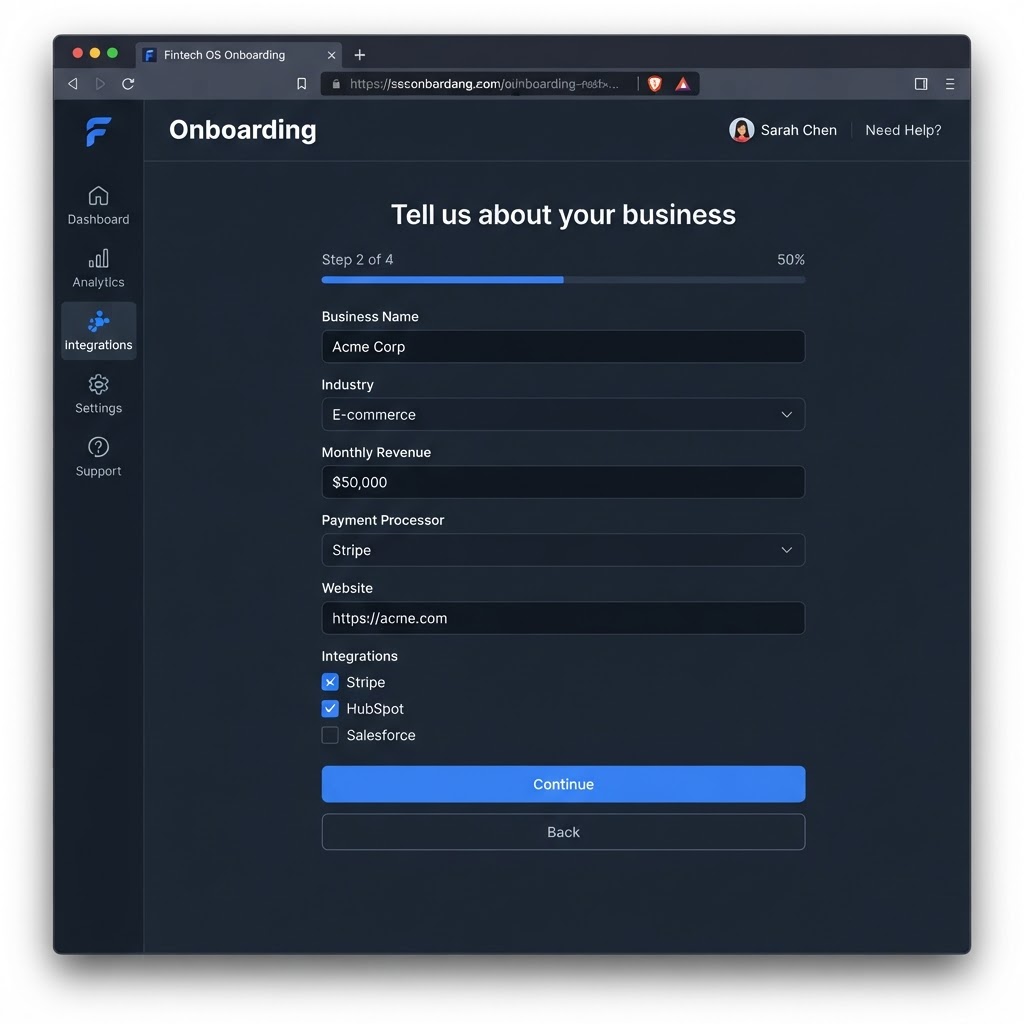 Onboarding page with business details form fields