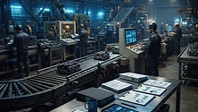 Production line with manufacturing reports and cost accounting documents